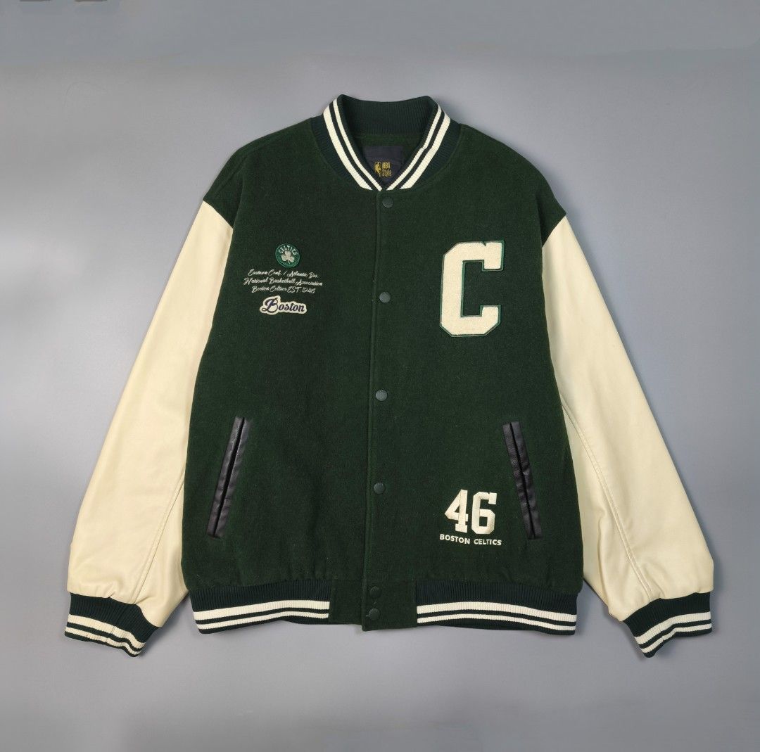 NBA BOSTON CELTICS VARSITY JACKET (Category: Coats, Jackets and Outerwear) located in Baguio. Submitted by nikholeisshop29 (Listing ID 1469632389, Image 1). Description: NBA BOSTON CELTICS VARSITY JACKET 2,880 + SF XL on tag L:28 | W:25 Excellent condition Color rate: 10/10.