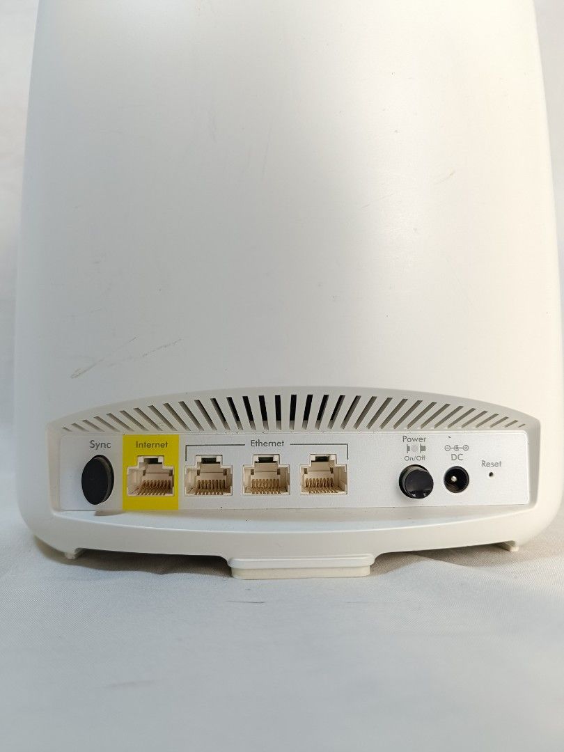 Netgear Orbi Router RBR50v2 (Category: Networking) located in Baguio. Submitted by clothes.over.bros.ph_2020 (Listing ID 1469692393, Image 2). Description: - Model: Netgear Orbi Router Rbr50v2 (White, Oval Shape) - Ports: 1 Yellow Internet Port, 3 Ethernet Ports, Power Switch, Reset & Sync Buttons - Power Requirement: Standard 12V 2.5A - Ready to use with default WiFi name (ORBI13) and password provided on the label - Ideal for upgrading home or 