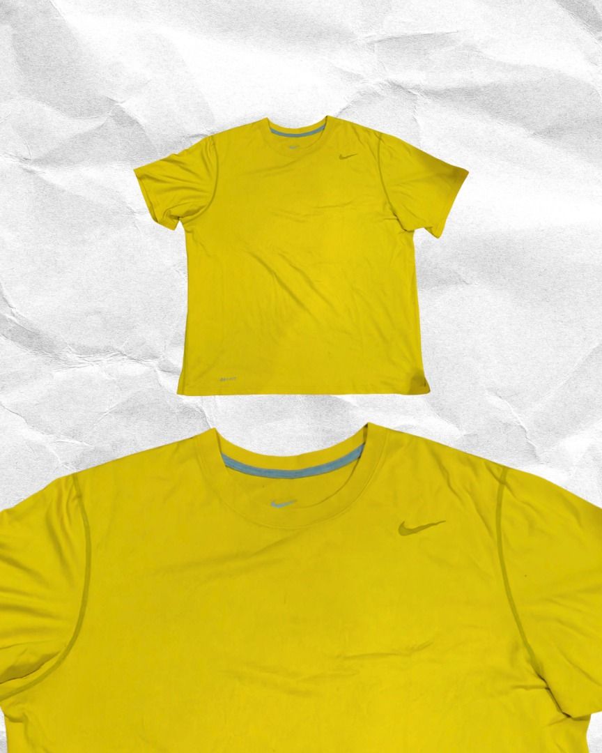 Nike Drifit Tee in Yellow (Category: Activewear) located in Mandaluyong City. Submitted by juliaaaaaannnn (Listing ID 1469680073, Image 1). Description: - Material: Dri-FIT moisture-wicking technology fabric - Design: Short sleeves, crew neck with contrasting inner collar trim, small printed swoosh logo on upper left chest - Fit: Regular fit, clean look - Condition: Excellent - Best for: Workouts, sports, or casual everyday wear.