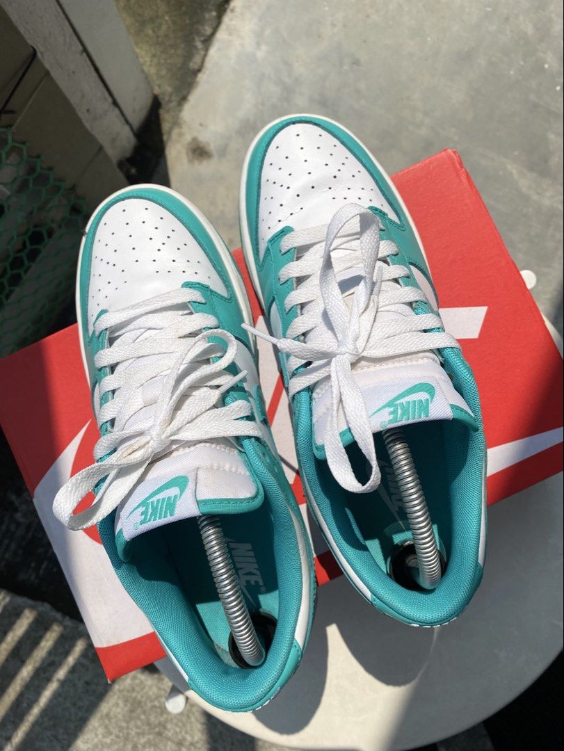 Nike Dunk Low Aqua Green White Sneakers (Category: Sneakers) located in Quezon City. Submitted by ra.collezione (Listing ID 1469603027, Image 3). Description: - Brand: Nike - Model: Dunk Low - Colorway: Bright Aqua Green / Crisp White - Condition: Clean, with minimal signs of wear on the soles - Inclusions: Original laces, shoebox, and shoe trees - Size 8 .