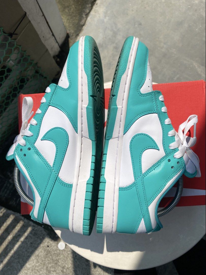 Nike Dunk Low Aqua Green White Sneakers (Category: Sneakers) located in Quezon City. Submitted by ra.collezione (Listing ID 1469603027, Image 2). Description: - Brand: Nike - Model: Dunk Low - Colorway: Bright Aqua Green / Crisp White - Condition: Clean, with minimal signs of wear on the soles - Inclusions: Original laces, shoebox, and shoe trees - Size 8 .