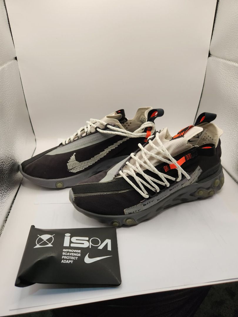 Nike ISPA React Low Size 6.5 US Mens (Category: Sneakers) located in Muntinlupa City. Submitted by redscarlet (Listing ID 1469687812, Image 2). Description: - Model: Nike ISPA React Low - Colorway: Black, grey, and white with vibrant orange accents - Size: US 6.5 -original extra lace included -no box .
