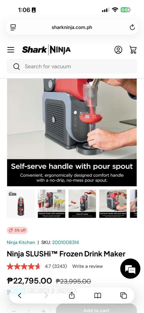 Ninja Slushi Professional Frozen Drink Maker (Category: Juicers, Blenders & Grinders) located in Manila. Submitted by resuma0826 (Listing ID 1469681944, Image 1). Description: - Brand new/ sealed - SRP 24k but selling at P18k - RFS: extra unit/ need funds - No ice or blending needed: Makes perfect slushies, frozen cocktails, frappes, milkshakes, and frozen juice automatically - Rapid Chill Technology: 2.6L vessel capacity that chills quickly - Lo