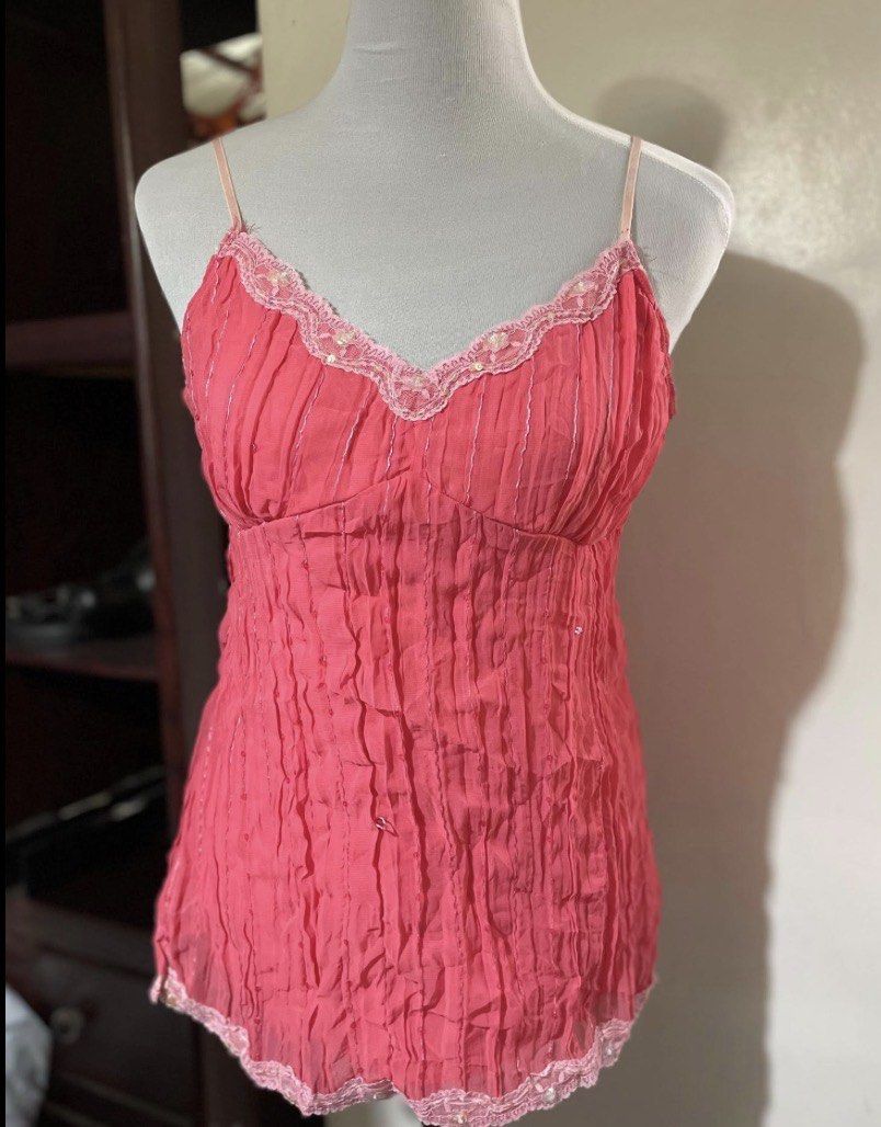 No Boundaries Pink Lace Sequin Cami Top (Category: Sleeveless) located in Tuguegarao City. Submitted by shopaholiccccs (Listing ID 1469622582, Image 2). Description: ctto (1st pic and 2nd) medium fairy y2k vintage top HEARING OFFERS (starting:500) sp taken, min incre: 100 lock:1500 sequins all over the top (front and back) - Brand: No Boundaries - Color: Pink - Details: Lace trim along v-neckline and hem, subtle sequin accents, and vertical textu