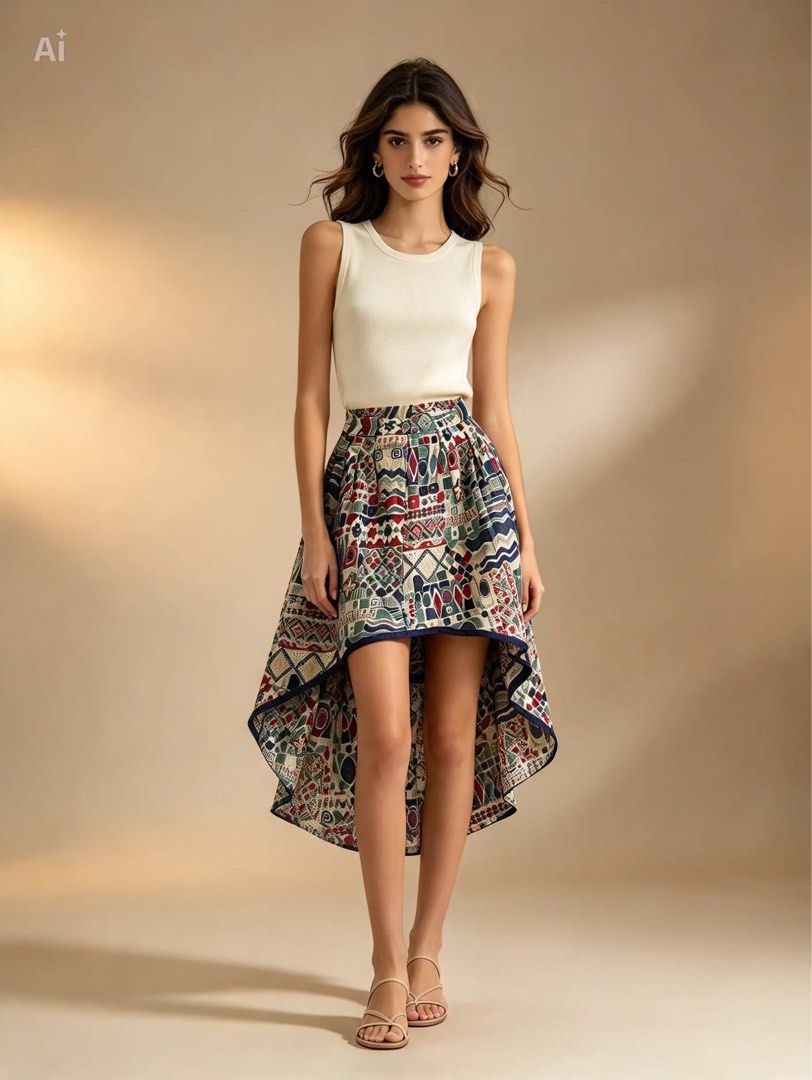 NO BRAND (Category: Skirts) located in Davao. Submitted by sart0ria85 (Listing ID 1469679514, Image 2). Description: Maillot skirt in Asymmetrical hem with blue piping. Tribal print. SMALL. Size 4 EXCELLENT CONDITION (90/100).