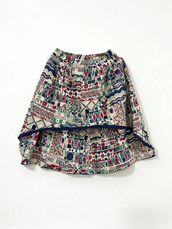 NO BRAND (Category: Skirts) located in Davao. Submitted by sart0ria85 (Listing ID 1469679514, Image 1). Description: Maillot skirt in Asymmetrical hem with blue piping. Tribal print. SMALL. Size 4 EXCELLENT CONDITION (90/100).