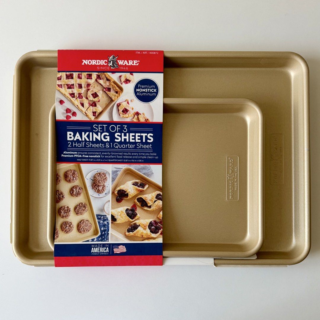 Nordic Ware Gold Baking Sheets, Set of 3 (Category: Bakeware) located in Mandaluyong City. Submitted by momandbabystuffph (Listing ID 1469654907, Image 1). Description: Minor flaw: scratches due to storage Please check 2nd and 3rd photos Srp: $25.99 Included: (2) half sheets (1) quarter sheet Features: Aluminum ensures consistent, evenly-browned results every time you bake Premium PFOA-Free nonstick for excellent food release and simple clean-up 