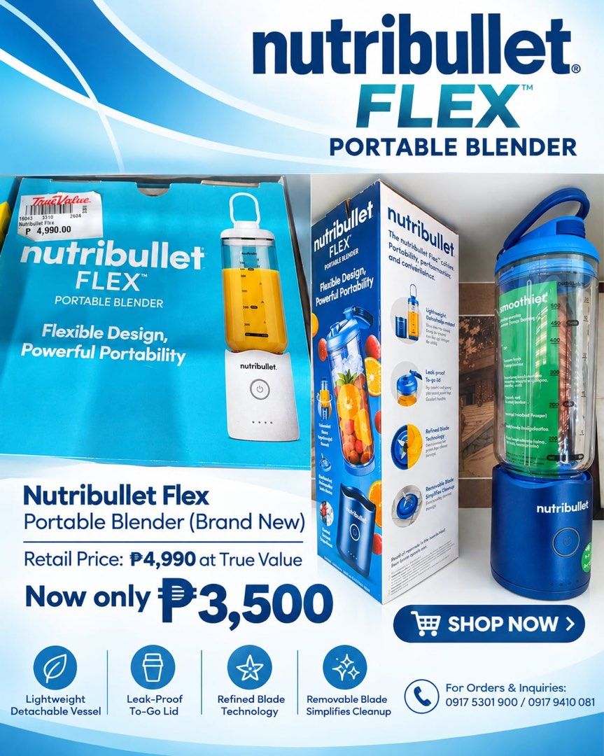 Nutribullet Flex Portable Blender (Category: Juicers, Blenders & Grinders) located in Quezon City. Submitted by thinkerbeng (Listing ID 1469633102, Image 1). Description: - Item: Nutribullet Flex Portable Blender - Color: Blue - Condition: Brand new in box - Similar item at True Value retails for ₱4,990 attached - Price: ₱3,500 (Save almost ₱1,500!) - Features: Lightweight detachable vessel, leak-proof to-go lid, refined blade technology, and rem