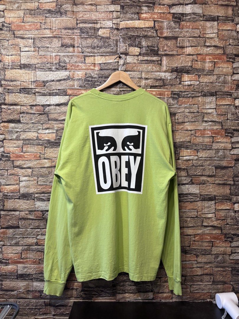 OBEY NEON GREEN LONGSLEEVE (Category: Tshirts & Polo Shirts ) located in Davao. Submitted by angelothriftfinds (Listing ID 1469587360, Image 2). Description: OBEY excellent condition dimension: 23” W | 31” L fit: XL size issue: minor discoloration on the lower front mine: ₱250.