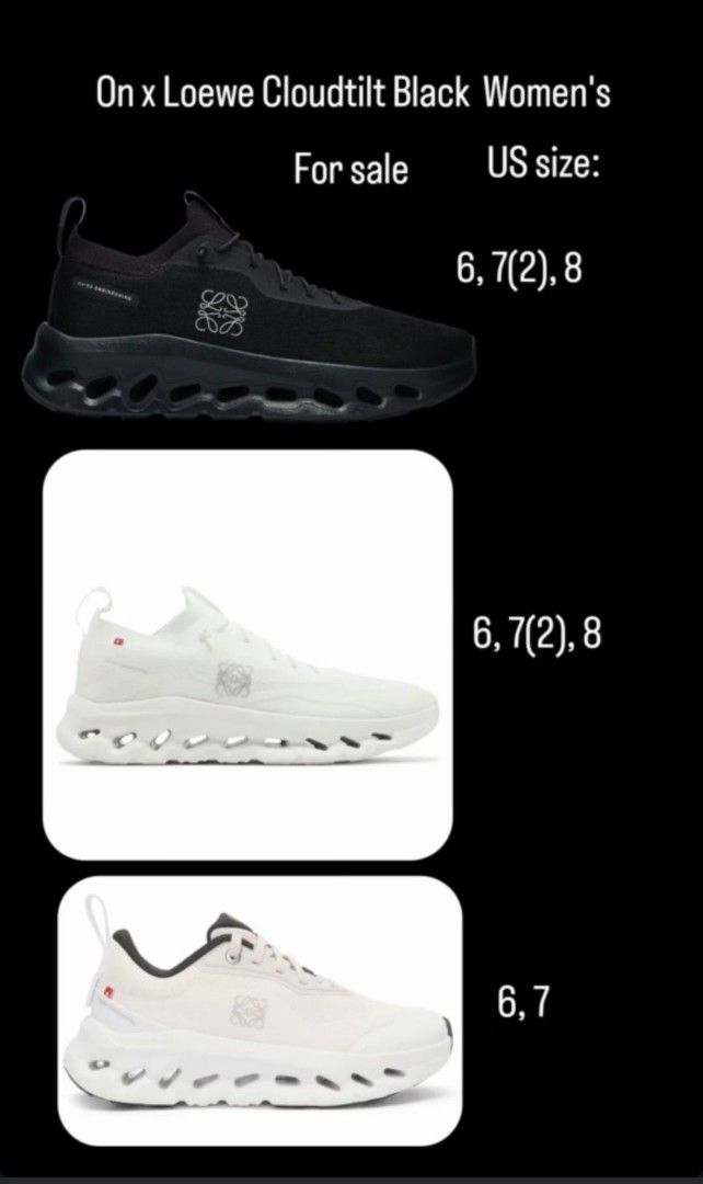 On x Loewe Cloudtilt Women's (Category: Sneakers) located in Binan City. Submitted by kcdizon01 (Listing ID 1469694510, Image 1). Description: Selling Loewe x on cloud sneakers brand new. Have 10 pairs womensBrandnew with box included Will arrive 1-2 weeks from now On x Loewe Cloudtilt Black: US W 6, 7 (2), 8 On x Loewe Cloudtilt White: US W 6, 7 (2), 8 On x Loewe Cloudtilt Sand/White: US W 6, 7 Loc: Binan, Laguna Shipping via: Lalamove/LBCBrandn