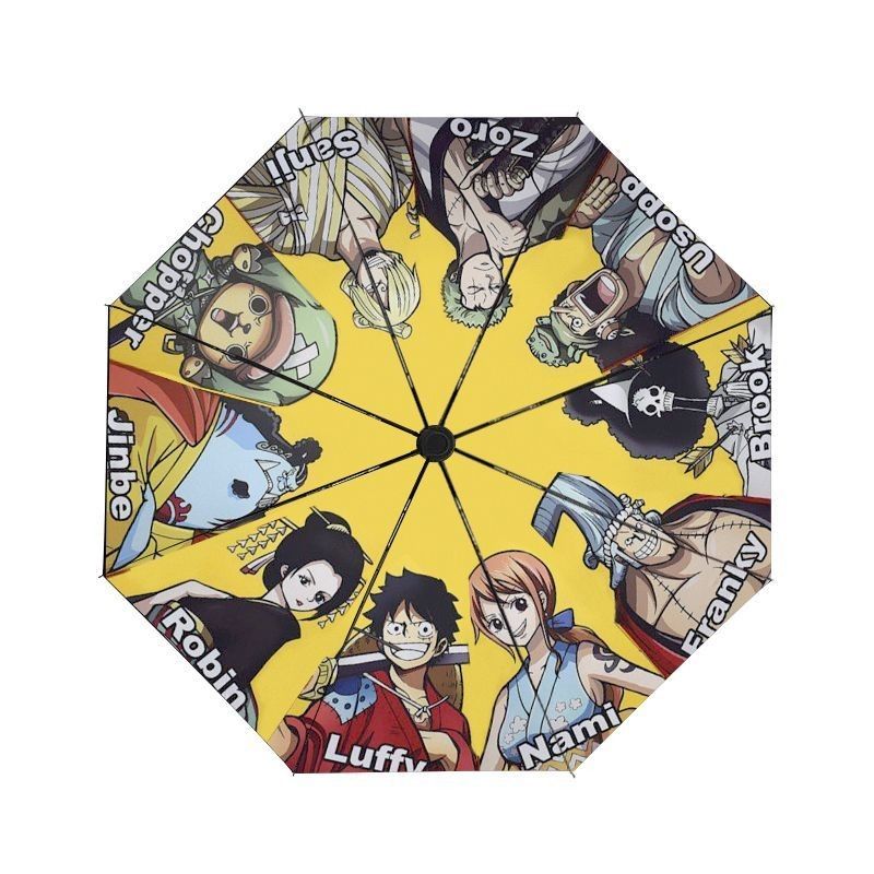 One Piece Anime Character Print Foldable Umbrella (Category: Umbrellas) located in Manila. Submitted by michateng246031 (Listing ID 1469676548, Image 2). Description: Yellow folding umbrella featuring Luffy, Zoro, Nami, and the rest of the Straw Hat crew. Black inner coating for UV protection. Compact size, easy to toss in a bag. Keeps you dry in rain and shaded in sun. Brand new in plastic packaging..