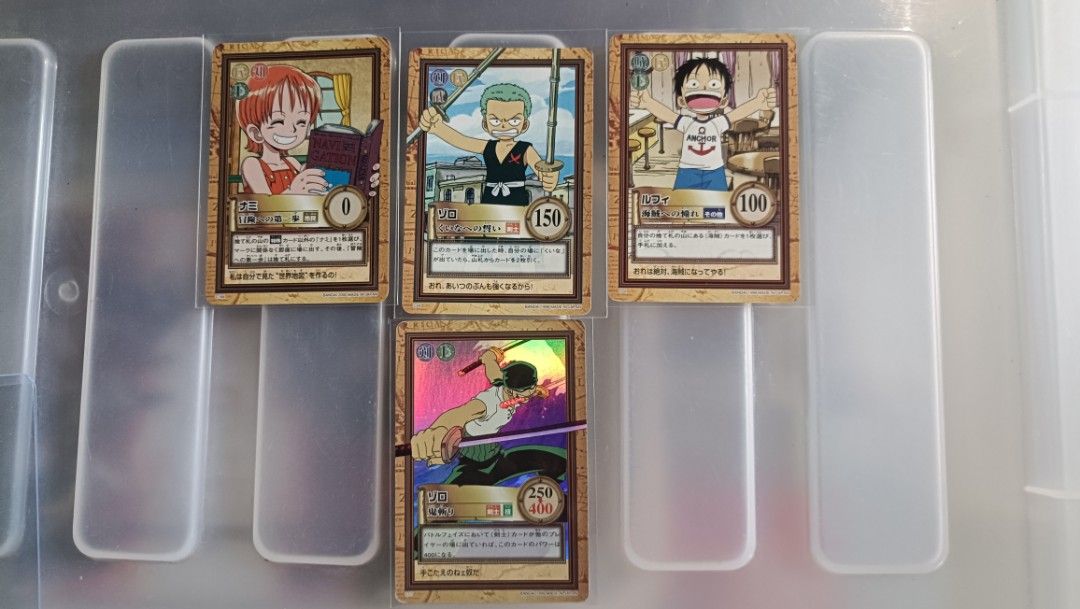 One piece vintage chased cards. As pack (Category: Raw Singles) located in Bulacan. Submitted by opvintage.tcg (Listing ID 1469656976, Image 1). Description: only the c07 have damage. the 3 kids cards only have whites at the back..