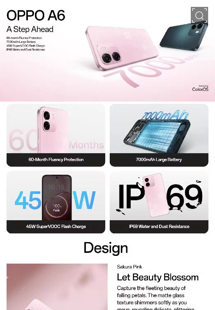 Oppo A6 256GB Pink Sakura (Category: OPPO) located in Makati City. Submitted by shukufukucy (Listing ID 1469721838, Image 3). Description: Oppo A6 256GB Pink Sakura * 60-month Fluency Protection * RAM 4GB + 8GB * 7000mAh Large Battery * 45W SupervoocTM Flash Charger * IP69 Water and Dust Resistance * 50MP Ultra-Clear Camera * SuperCool VC System * bought last July 2026 at Php 20,000.00 * Selling Price : Php 14,000.00 Note: Mode of Payment: * Gcas