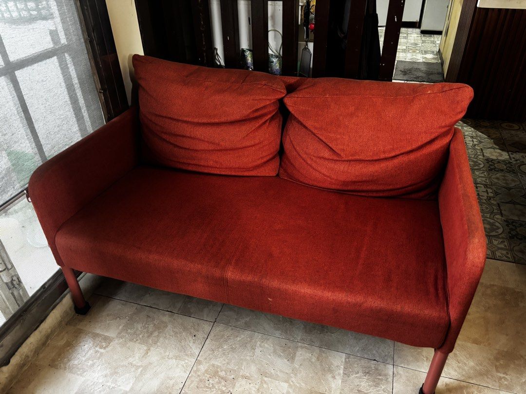 Orange Sofa - Two Seater 2pcs (Category: Sofas) located in Quezon City. Submitted by dearbento.boutique (Listing ID 1469631345, Image 3). Description: RFS: DECLUTTERRING 2 (2-seater) ORANGE SOFA for ₱6,500.00. Maganda pa itong 2 sofa. Di masyado nagagamit since ang daming sofa at home. Purchased last December 2025. 🥲 Payment first policy via Maribank..