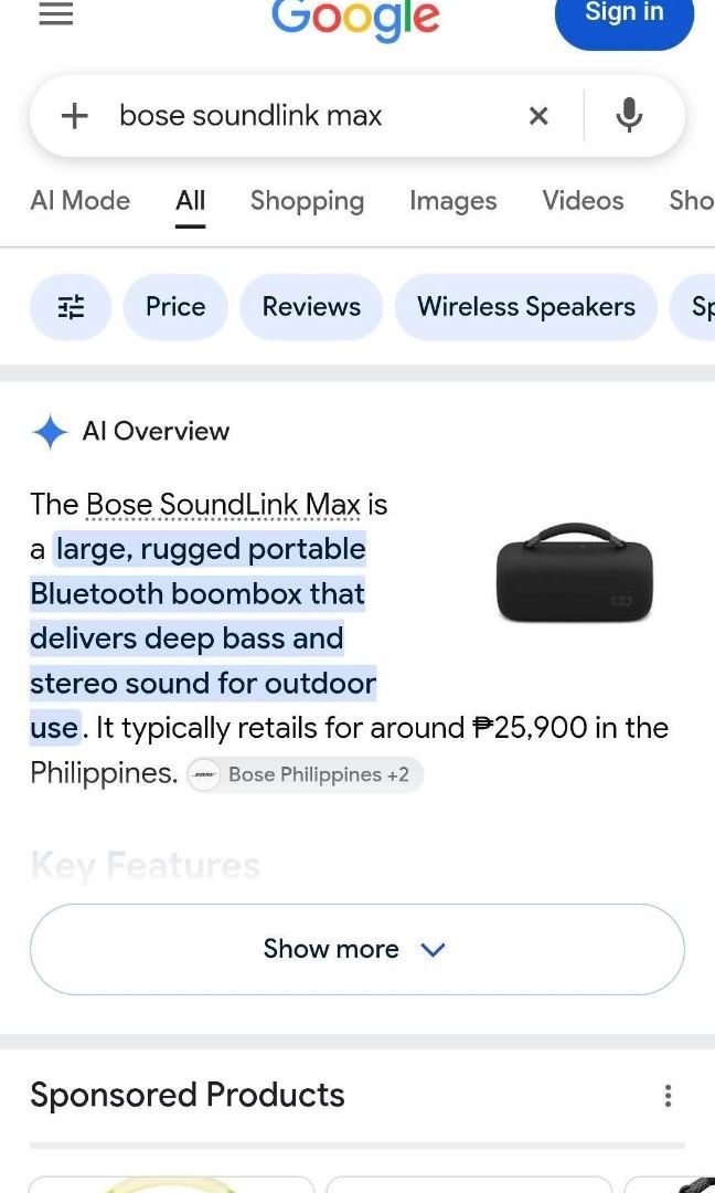 ORIG BOSE SOUNDLINK MAX BLUETOOTH SPEAKER (Category: Soundbars, Speakers & Amplifiers) located in Santa Maria. Submitted by aikeemoral (Listing ID 1469624073, Image 3). Description: FOR SALE OR SWAP ORIG BOSE SOUNDLINK MAX BLUETOOTH SPEAKER SUPER KINIS SELLING PRICE 18000 ONLY MURA NA YAN WITH CHARGER CASE AND UNIT SANTA MARIA BULACAN MEET UP.