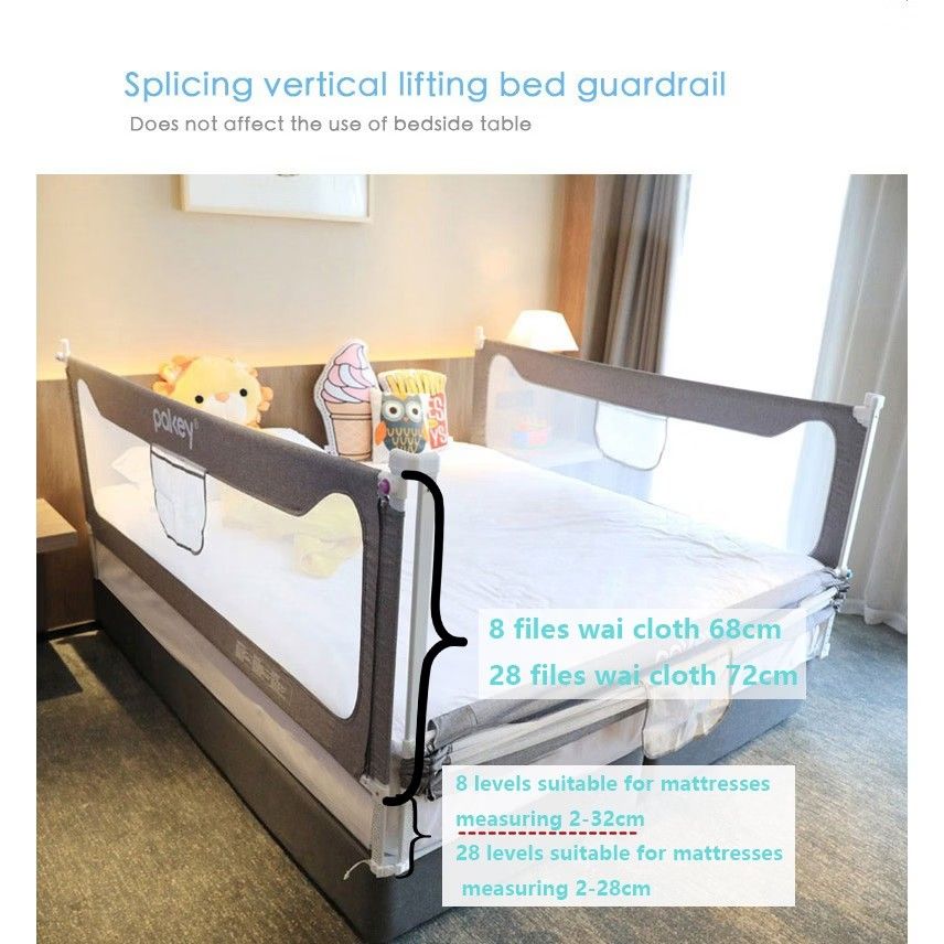 pakey Baby Bed Guardrail Splicing Vertical Lifting Castle Grey (Category: Bed Guards) located in Caloocan City. Submitted by FlexiMart (Listing ID 1469656190, Image 2). Description: - Color: Castle Grey - Vertical lifting design with single-hand operation for easy access - Prevents babies from rolling and falling out of bed - Available in 8 or 28 gear height adjustments - Fits various mattress thicknesses from 2 to 30cm - Compatible with most bed
