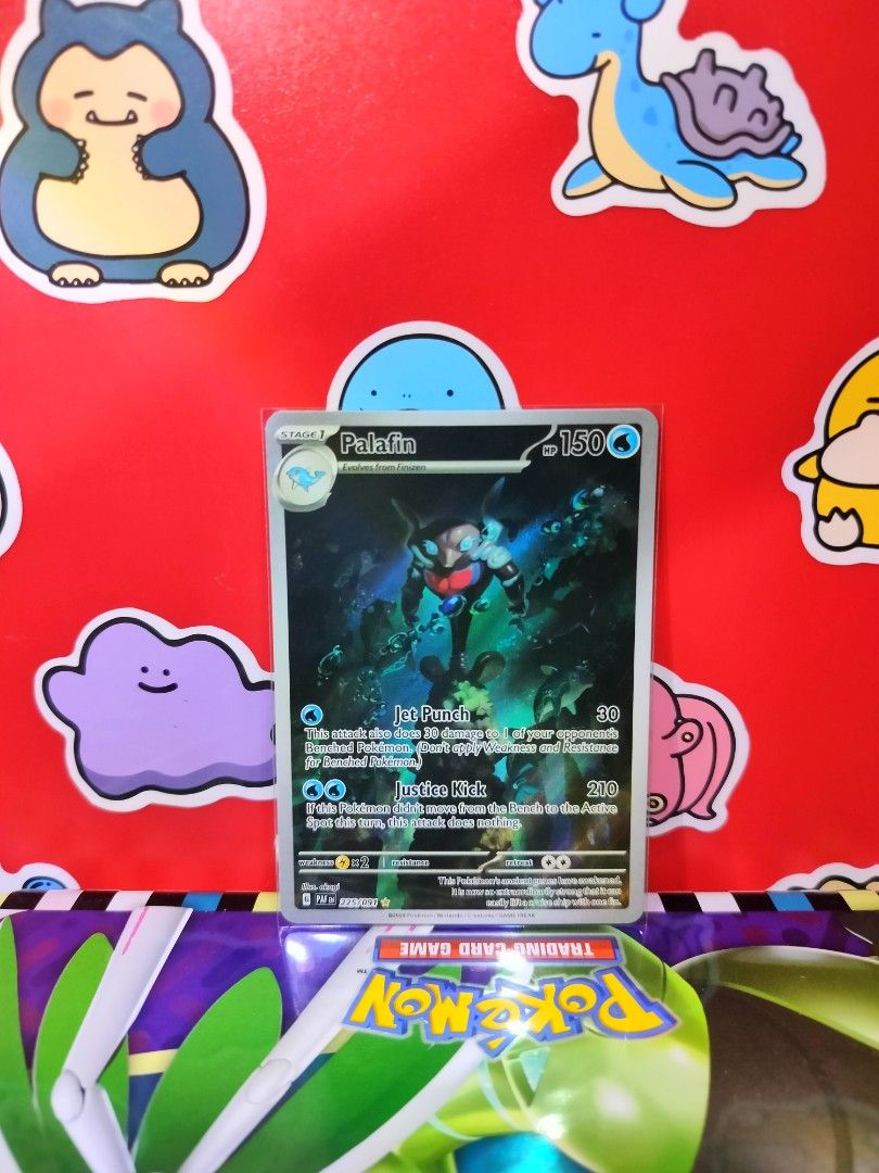 PALAFIN IR (225/091) (Category: Raw Singles) located in San Antonio. Submitted by lansbitshop (Listing ID 1469723598, Image 1). Description: PALAFIN (225/091) ✨ Condition: Near Mint 💯 100% Authentic / Original Pokémon TCG 📍 TERMS & CONDITIONS: 💳 Payment: Payment First via GCash / Gotyme 📦 Packaging: Sleeve + Toploader + Cardboard included 🚚 Shipping: J&T (Buyer shoulders fee) ❌ NO Cancellations once order is confirmed ❌ NO Return / Refund / 