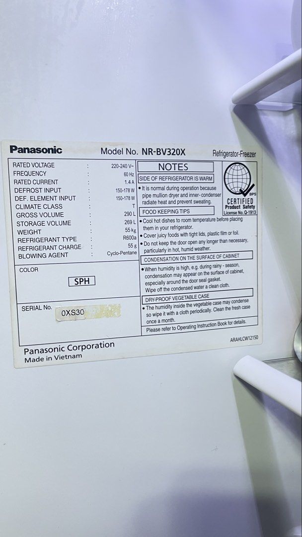 Panasonic (Category: Refrigerators and Freezers) located in Manila. Submitted by juju0714 (Listing ID 1469626224, Image 3). Description: ✅ Brand: Panasonic ✅ Model: NR-BV320X ✅ Type: 2-Door Inverter Refrigerator-Freezer ✅ Total Gross Volume: 290L | Storage Volume: 269L ✅ Color: SPH (Silver) ✅ Weight: 55 kg ✅ Made in Vietnam Key Specs: • Voltage: 220–240V / 60Hz • Refrigerant: R600a (eco-friendly) • Inverter type — energy efficient ✅.