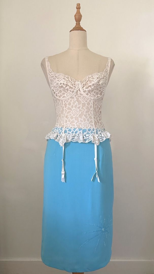 pastel blue beaded midi skirt (Category: Skirts) located in Taguig. Submitted by esquepade (Listing ID 1469729295, Image 1). Description: size — extra small to semi-medium waist: 25"-27" length: 25" details — • chiffon fabric • double-lined • zipper closure • beaded tags — #vintage #morgandetoi #misssixty #reformation #y2k #coquette #eurosummer #summer.