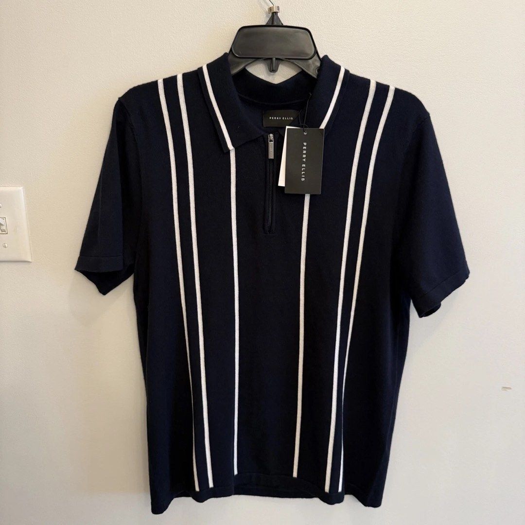 PERRY ELLIS KNIT HALF ZIP POLO SHIRT (Category: Formal Shirts) located in Santa Rosa. Submitted by eceldg05 (Listing ID 1469679463, Image 2). Description: PERRY ELLIS KNIT HALF ZIP POLO SHIRT NAVY BLUE LARGE ON TAG W:22 L:28 inch via tape measure Excellent.