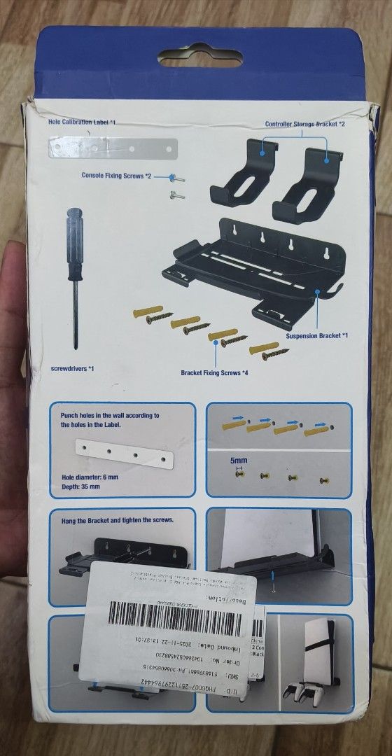 PGTECH Suspension Bracket for P5 & P5 Pro/Slim Consoles (Category: Controllers) located in Bamban. Submitted by jpthrift_90210 (Listing ID 1469726019, Image 2). Description: - Brand: PGTECH - Compatibility: PS5 and PS5 Pro/Slim consoles - Color: Black - Condition: Brand new in box, contents unopened - Inclusions: Wall mount bracket, 2 controller storage brackets, console fixing screws, wall screws, screwdriver, and hole calibration label - Featur