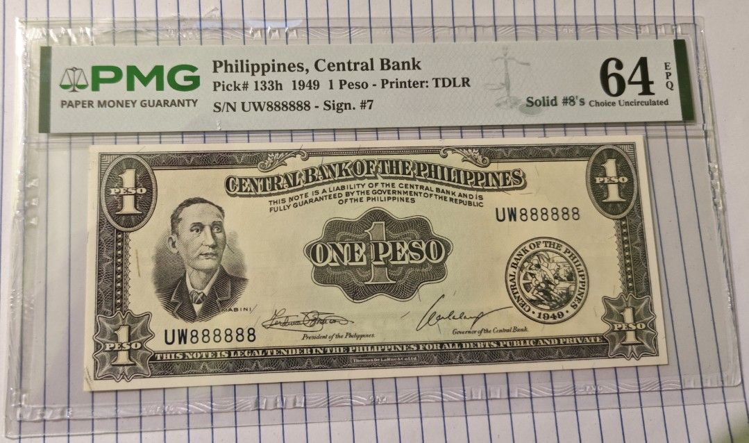 Philippines 1949 1 Peso Banknote PMG 64 EPQ Solid 8s (Category: Currency) located in Paranaque City. Submitted by independentman07 (Listing ID 1469723791, Image 1). Description: - Rare 1949 Central Bank of the Philippines 1 Peso banknote - Graded PMG 64 Choice Uncirculated with Exceptional Paper Quality (EPQ) - Features a highly sought-after solid 8s fancy serial number: UW888888 - Printed by Thomas De La Rue (TDLR) - Fully authenticated and enca