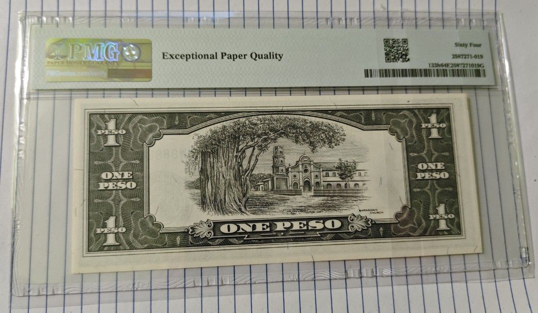 Philippines 1949 1 Peso Banknote PMG 64 EPQ Solid 8s (Category: Currency) located in Paranaque City. Submitted by independentman07 (Listing ID 1469723791, Image 2). Description: - Rare 1949 Central Bank of the Philippines 1 Peso banknote - Graded PMG 64 Choice Uncirculated with Exceptional Paper Quality (EPQ) - Features a highly sought-after solid 8s fancy serial number: UW888888 - Printed by Thomas De La Rue (TDLR) - Fully authenticated and enca