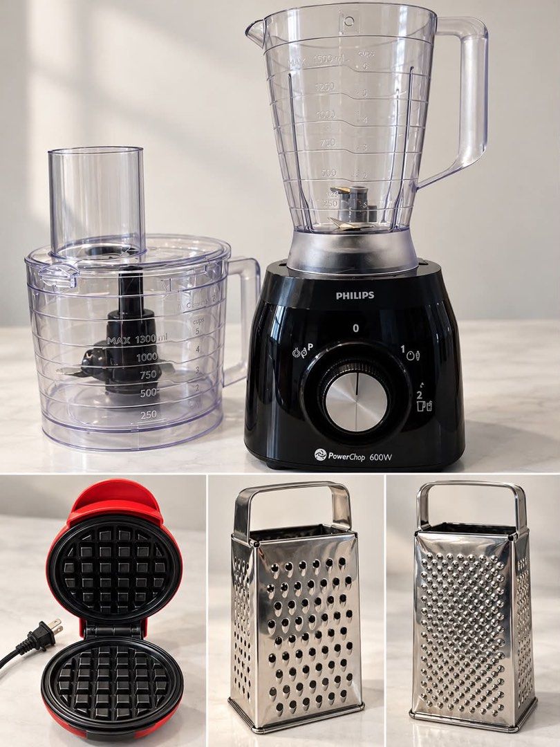 Philips PowerChop 600W Food Processor and Blender (Category: Juicers, Blenders & Grinders) located in Taguig. Submitted by riaph2025 (Listing ID 1469744025, Image 2). Description: - Philips PowerChop 600W food processor and blender set with motor base, jug, bowl, chopping blade, discs, and pusher - Includes a bonus mini red waffle maker and two stainless steel box graters - Perfect bundle for setting up a new kitchen - Fully tested: everything po