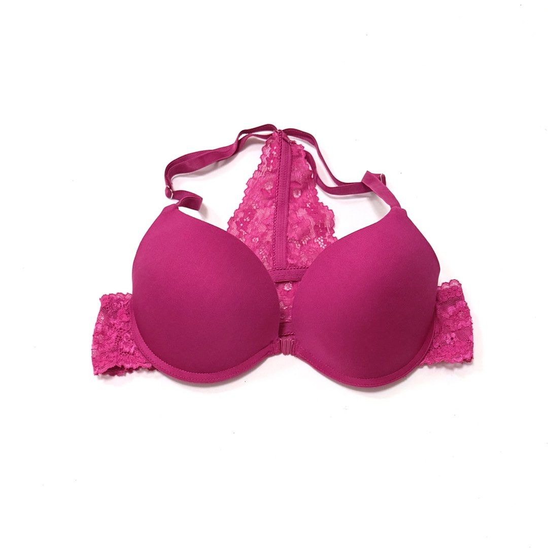 Pink Front-Closure Racerback Bra [32B] (Category: Undergarments & Loungewear) located in Malabon City. Submitted by k_intimates (Listing ID 1469742126, Image 1). Description: Details: • Size 32BC / wired / push-up • Check last 2 photos for the flaw • Front-close racerback bra in pop pink.