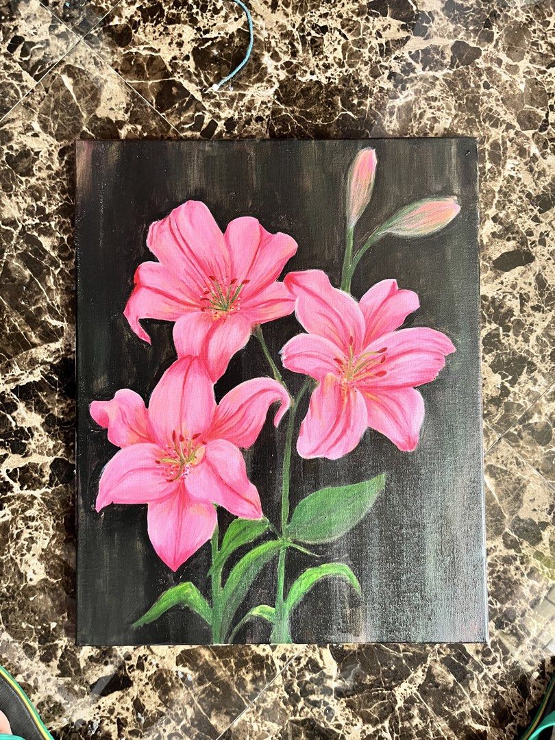 Pink Lilies Painting on a Canvas (Category: Art & Prints) located in Manila. Submitted by francinne (Listing ID 1469651380, Image 1). Description: Title: “Pink Lilies” Medium: Acrylic on stretched canvas Size: 15x 18 inches With certificate of authenticity Payment will be made through GCash or Maribank. * No cancellations or refunds. * Bid tracker is in the comment section. The customer will shoulder the shipping fee. (price negotiable).
