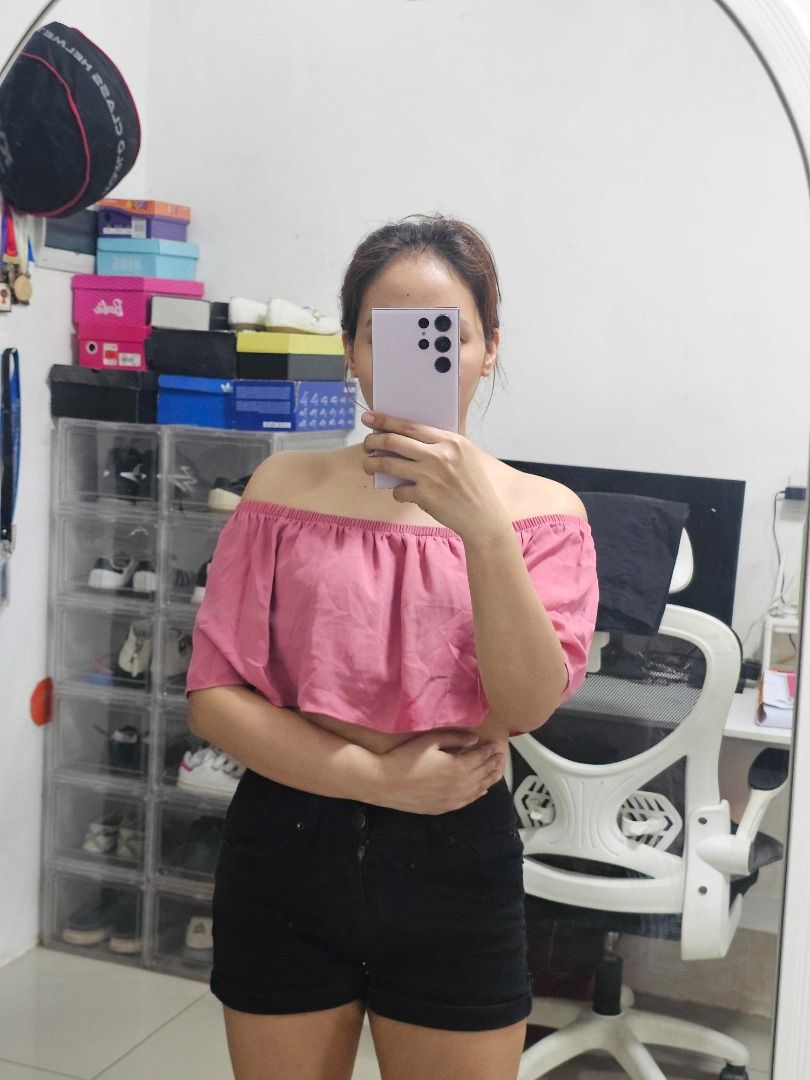 Pink off-the-shoulder crop top (Category: Sleeveless) located in Los Banos. Submitted by itsmecathey (Listing ID 1469734495, Image 2). Description: Fabric Type: Premium Crepe Fit S-M (32-34 bust).