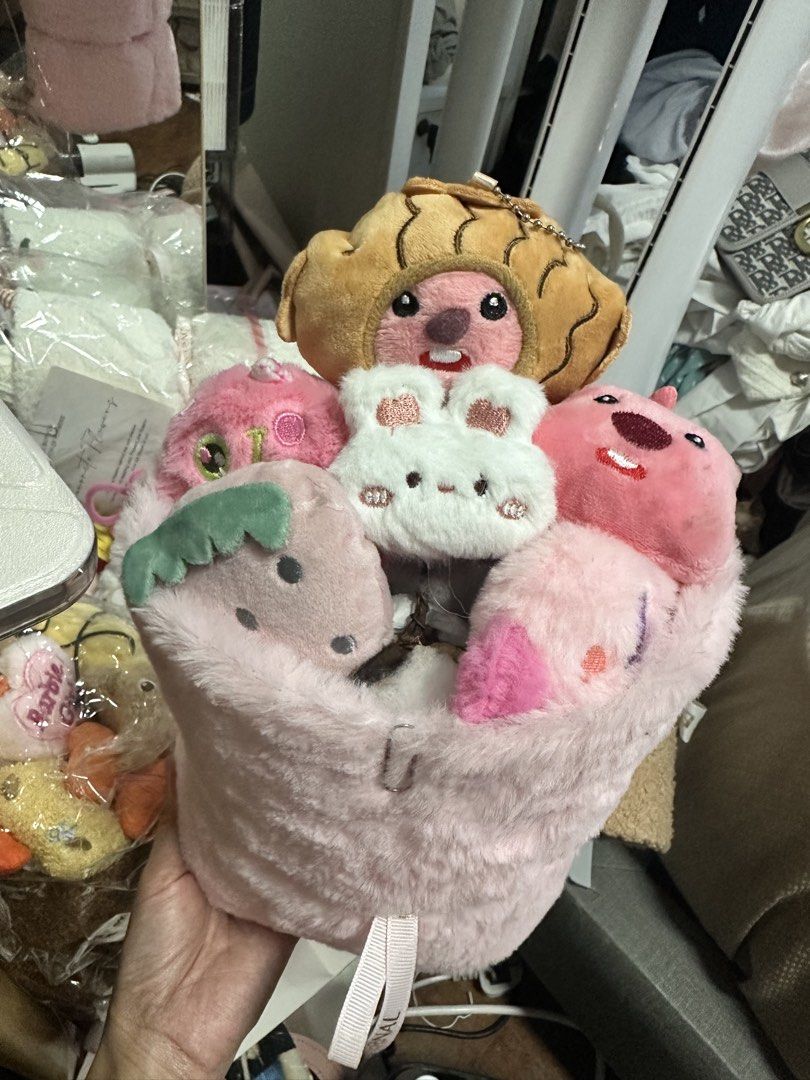 Pink Rabbit Like Character Pink plush bouquet with stuffed animals and pastries, Toys ...