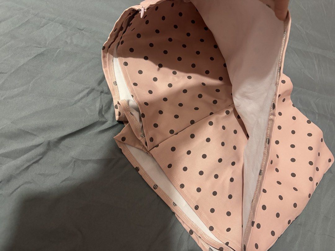 Pink Polka Dot Korean Size (Category: Skirts) located in Makati City. Submitted by blackxmilk (Listing ID 1469626485, Image 3). Description: - Color/Pattern: Pink with dark polka dots - Style: High waist, mini length - Sizing: Korean sizes (please check measurement chart) - Fit Tip: Recommended to size up for broader hips or thighs.