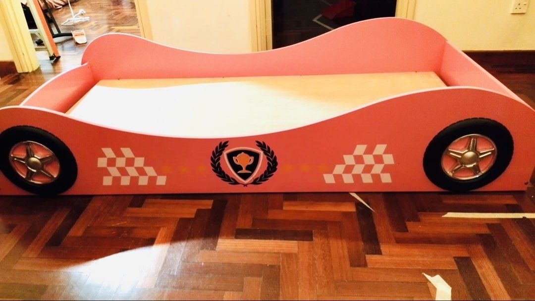 Pink Race Car Toddler Bed with Wheels and Decals, Furniture & Home ...