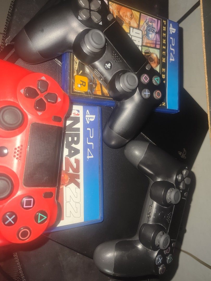 PlayStation 4 Console with 3 Controllers and 2 Games (Category: PlayStation) located in Manila. Submitted by adr14nbati25392 (Listing ID 1469662652, Image 1). Description: FIRM - 3 DualShock controllers included (Black and Red) - Physical games: Grand Theft Auto V Premium Edition and NBA 2K22 ✅ power chord ❌ hdmi.