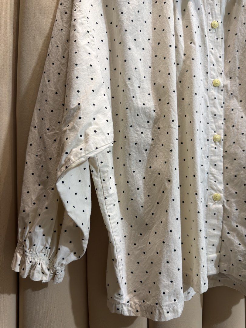 POLKA BUTTON-DOWN BLOUSE (Category: Longsleeves) located in Manila. Submitted by glamstylemnl (Listing ID 1469739711, Image 2). Description: ♡ SIZE: XL-XXL ♡ BUST: 50 ♡ Swipe left to see the actual color & details ♡ rounded collar, ruffled sleeve cuffs ♡ HQ • 10/10 ♡ Ready to wear 👚.