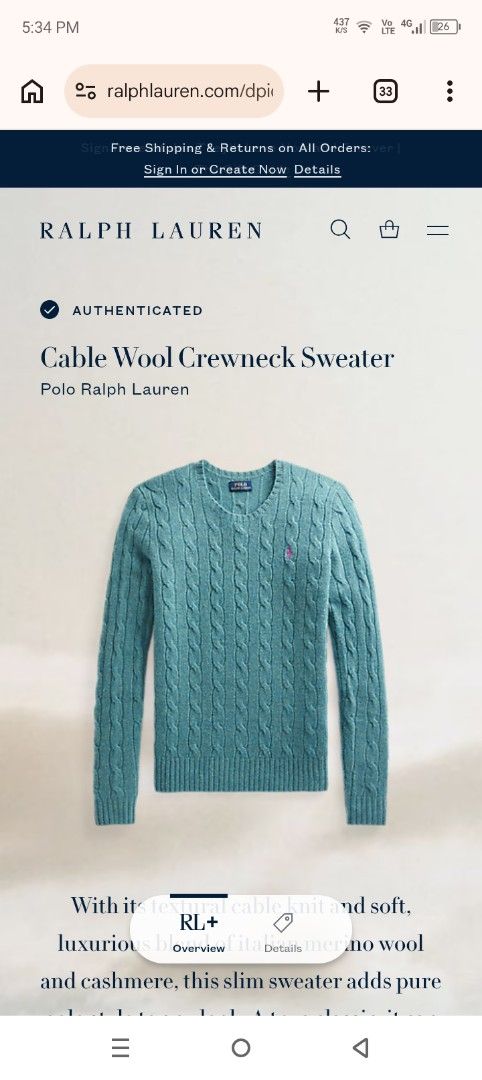 Polo Ralph Lauren Cable Wool Crewneck Sweater (Category: Coats, Jackets and Outerwear) located in Manila. Submitted by mjthrifted_second (Listing ID 1469658699, Image 1). Description: - Brand: Polo Ralph Lauren - Item: Cable Wool Crewneck Sweater - Color: Blue - Size: S (fits true to size) -Dimes: 18/24 - Condition: Brand new with original store tags attached - Material: Soft wool and cashmere blend - Details: Classic cable knit pattern, ribbed t