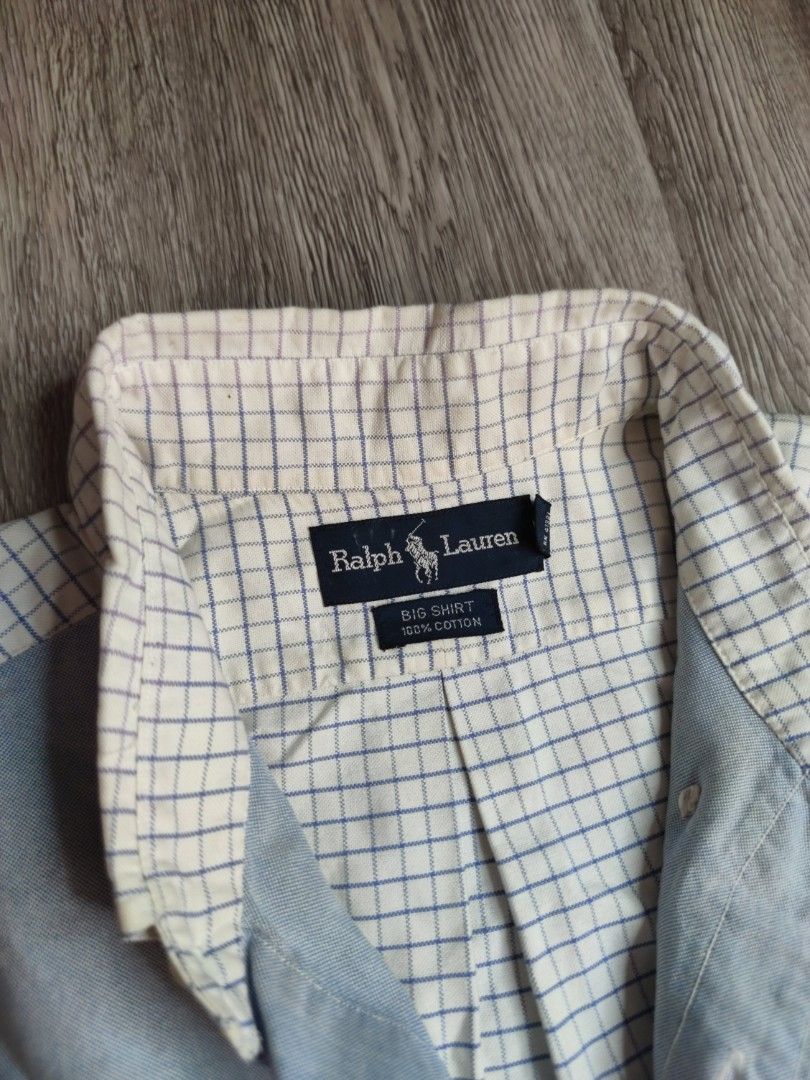 Polo Ralph Lauren Patchwork Bear Short Sleeve Shirt (Category: Tshirts & Polo Shirts ) located in Pasig City. Submitted by vintage.thrifttph (Listing ID 1469652969, Image 2). Description: - Brand: Polo Ralph Lauren - Style: Short sleeve button-down with a unique patchwork design - Details: Blue textured body, striped sleeves, checkered collar and shoulder panel - Accent: Embroidered Polo Bear logo on the chest pocket - Condition: Clean fabric wit