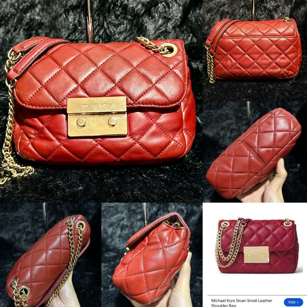 Preloved Mk Quilted flap bag small original 💯 (Category: Cross-body Bags) located in Caloocan City. Submitted by rqueenluxuryph (Listing ID 1469755587, Image 1). Description: Preloved Mk Quilted flap sling bag original 💯 Wine red Small Condtion rate: 7/10 Honest issue: sign of usage Gold hardware tarnish and scrathes Medyo magaspang ung leather nya upper front un lang not visible pag hinawakan lang .