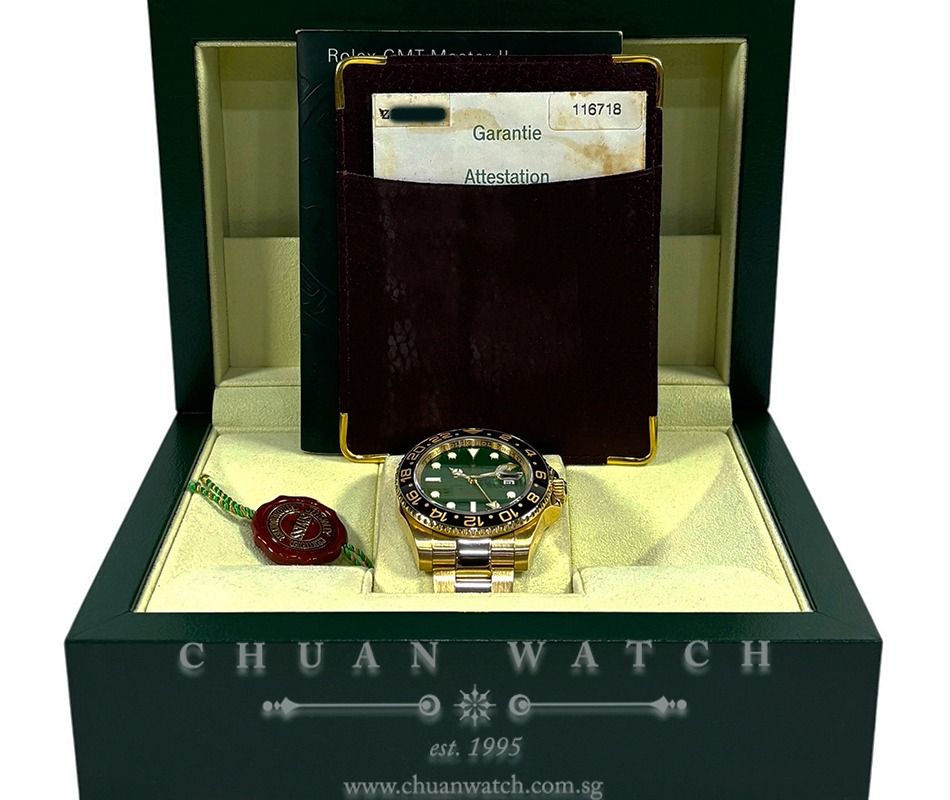 Pre-Owned Rolex GMT-Master II Yellow Gold 116718LN Jade Green - Discontinued (Category: Watches) located in Singapore. Submitted by chuanwatch (Listing ID 1469609306, Image 2). Description: Rolex GMT-Master II Yellow Gold 116718LN Jade Green - Discontinued REF : 116718LN-0002 *AVAILABLE Asking Price of SGD$46,950 (Negotiable, 2% Off via Cash / Bank Wire / PayNow) Condition : Pre-Owned in Near-MINT Condition Z Series (Circa 2006 - 2007) Complete B