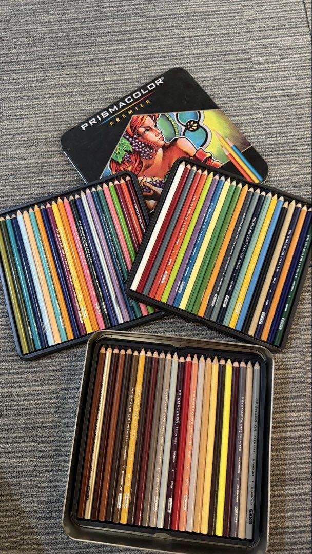 Prisma premier colored pencils 72 pcs (Category: Stationery & School Supplies) located in Rizal. Submitted by kirschet_k (Listing ID 1469634439, Image 2). Description: • 100% authentic set with 72 ultra-vibrant shades. • Soft-core formula perfect for smooth blending and rich coloring. • Comes complete with the original metal case and plastic sorting trays. • Neatly sorted by color. Exterior tin has minor wear, but the overall set is in excellent 