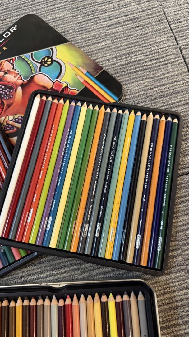 Prisma premier colored pencils 72 pcs (Category: Stationery & School Supplies) located in Rizal. Submitted by kirschet_k (Listing ID 1469634439, Image 3). Description: • 100% authentic set with 72 ultra-vibrant shades. • Soft-core formula perfect for smooth blending and rich coloring. • Comes complete with the original metal case and plastic sorting trays. • Neatly sorted by color. Exterior tin has minor wear, but the overall set is in excellent 