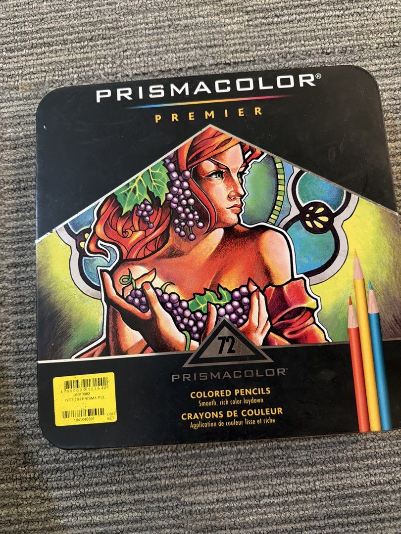 Prisma premier colored pencils 72 pcs (Category: Stationery & School Supplies) located in Rizal. Submitted by kirschet_k (Listing ID 1469634439, Image 1). Description: • 100% authentic set with 72 ultra-vibrant shades. • Soft-core formula perfect for smooth blending and rich coloring. • Comes complete with the original metal case and plastic sorting trays. • Neatly sorted by color. Exterior tin has minor wear, but the overall set is in excellent 