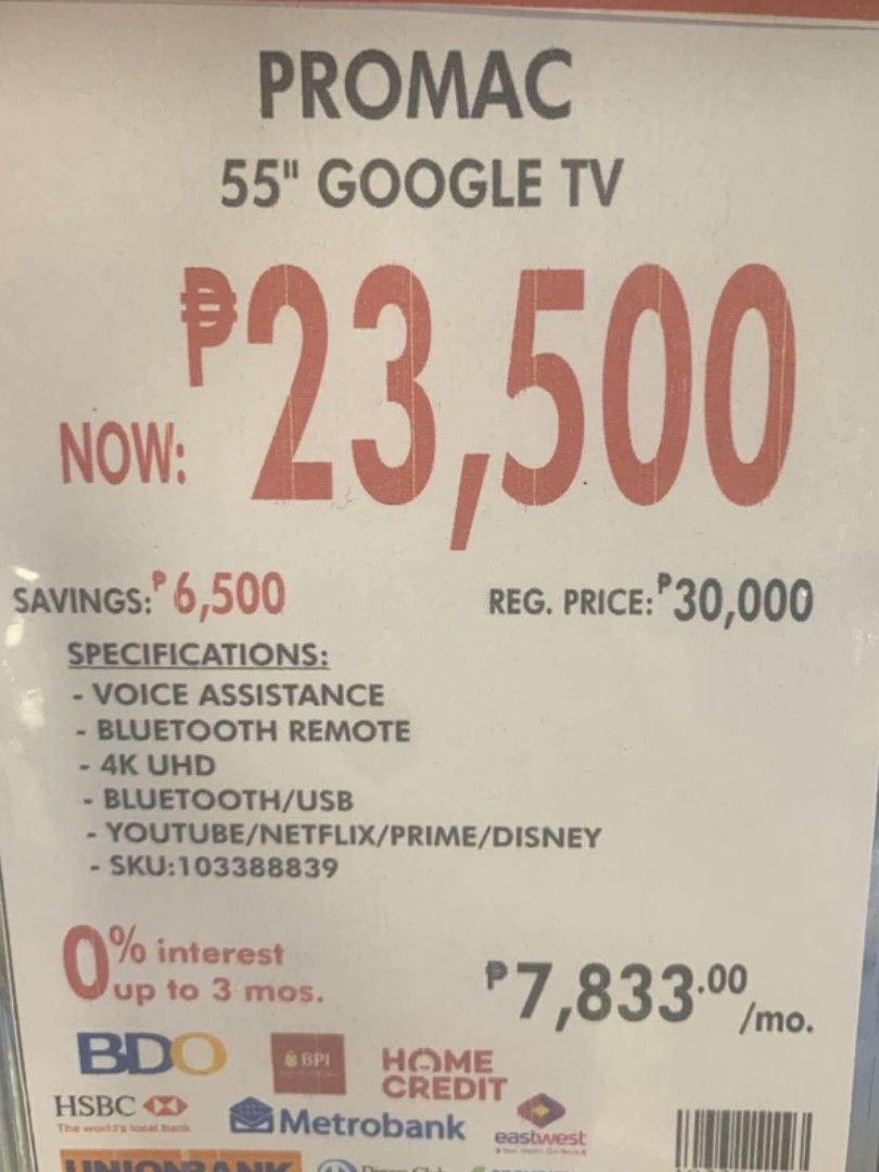 PROMAC 55" 4K UHD Google TV (Category: TV) located in Taguig. Submitted by gochangeme30331 (Listing ID 1469715915, Image 1). Description: - Brand: PROMAC - Display: 55-inch 4K Ultra HD Google TV - Features: Voice assistance enabled with Bluetooth remote - Built-in Apps: YouTube, Netflix, Prime Video, and Disney+ - Connectivity: Bluetooth and USB - SKU: 103388839.