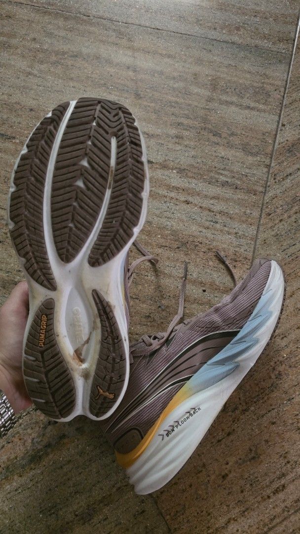 Puma Men's Velocity Nitro 4 Running Shoes (Category: Casual Shoes) located in Muntinlupa City. Submitted by aata207 (Listing ID 1469636662, Image 3). Description: - Puma Velocity 4 Running - Color: Sandstone/Lucite - Condition: Soles show light dirt from moderate use Notes: - RFS: Decluttering - This item is moderately used but still in very good condition, please manage expectations - Shipping is shouldered by buyer.