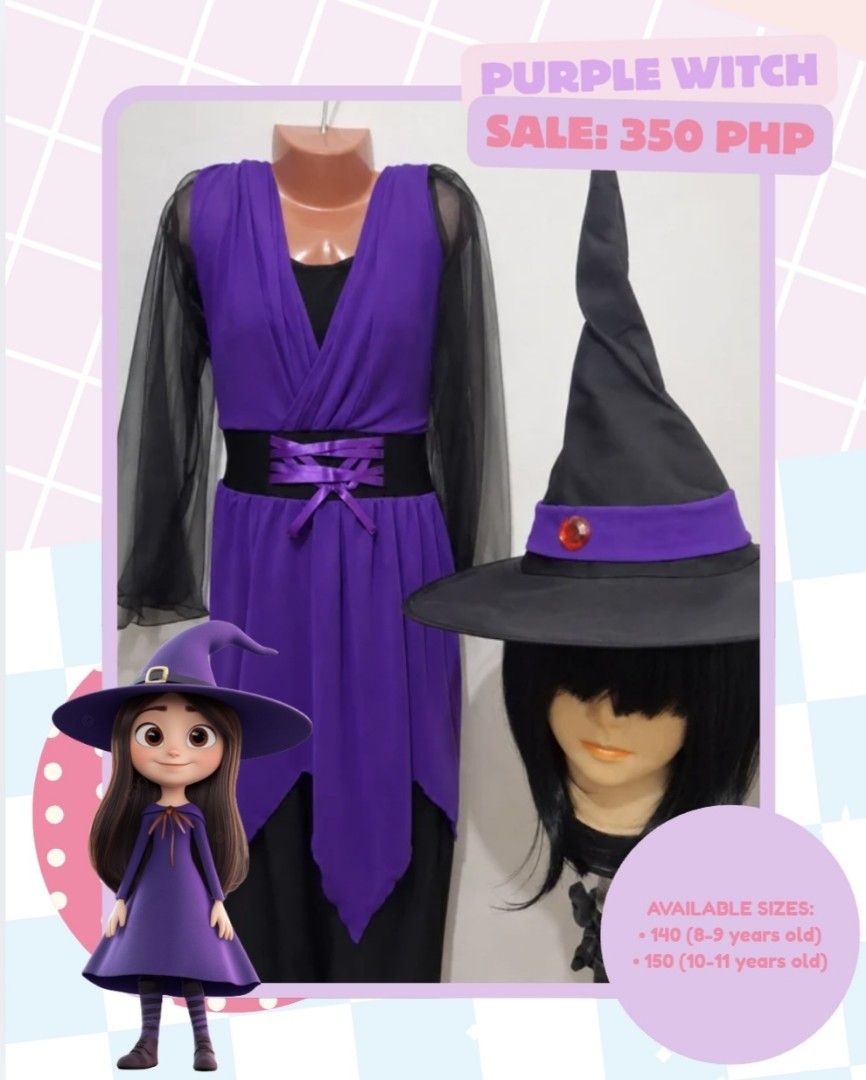 Purple Witch Costume Set with Hat (Category: Sets or Coordinates) located in Subic. Submitted by pamyucosrental (Listing ID 1469689972, Image 1). Description: - Product: Purple Witch Costume Set - Features: Dress with sheer black sleeves, black waist belt detail, and matching pointed witch hat with a red gem accent - Available Sizes: Size 140 (for 8-9 years old) and Size 150 (for 10-11 years old) - Perfect for: Halloween parties, dress-up events,