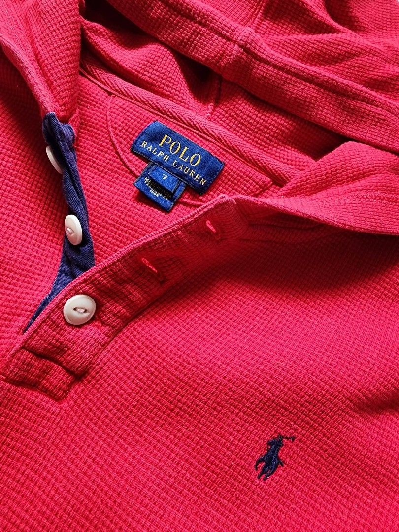 RALPH LAUREN KNITTED HOODIE (Category: Babies & Kids Fashion) located in General Trias. Submitted by ksclothingbyjuy (Listing ID 1469725934, Image 2). Description: 7 on tag length:18" width: 14.5" Like New Strong Red No Issue.