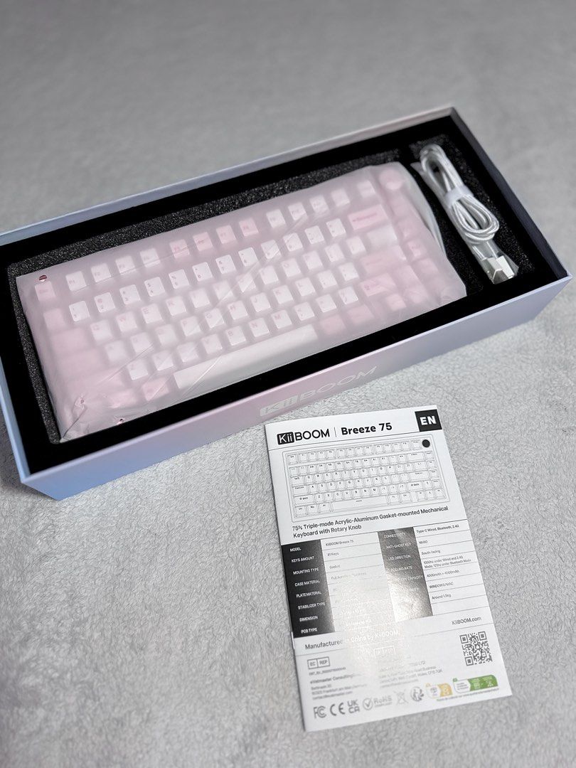 [RARE] Kiiboom Breeze75 Keyboard in Pink (Category: Computer Keyboard) located in Paranaque City. Submitted by hershey_august (Listing ID 1469678337, Image 3). Description: - Compact pink mechanical keyboard with a clean layout and dedicated function row - Eye-catching transparent pink acrylic case and custom pink keycaps - Convenient top-right volume knob for easy audio control - Vibrant RGB backlighting for a stunning aesthetic setup - Perfect 