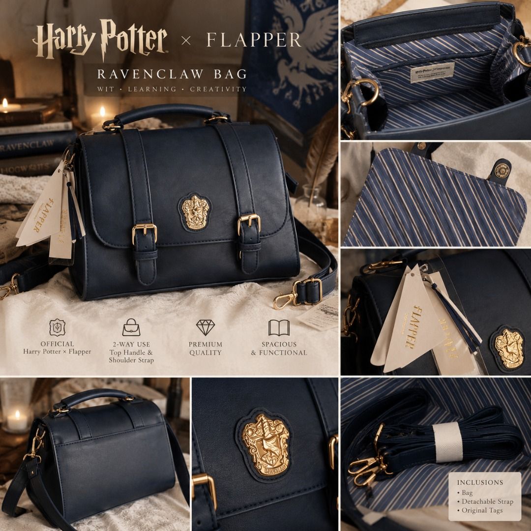 Ravenclaw Bag (Category: Backpacks) located in Caloocan City. Submitted by anonymana (Listing ID 1469692223, Image 1). Description: 🦅💙 HARRY POTTER × FLAPPER | RAVENCLAW BAG ✨ Brand New with Tags! 💙 Elegant navy blue with gold hardware ✨ Comes with detachable shoulder strap 🏷️ Original Japanese Price: ¥7,920 (₱3,000+) 💰 Selling for only ₱1000 — NEGOTIABLE! Perfect for Harry Potter lovers and Ravenclaw collectors! 🪄 📩 PM if interested! 💌.