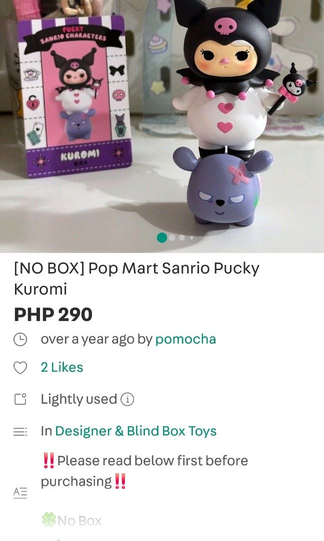 [READ DESCRIPTION MAGBASA] Looking for pucky sanrio popmart chococat, pompompurin, hello kitty priority (Category: Character Goods) located in Angeles City. Submitted by trustsuki (Listing ID 1469750024, Image 3). Description: 100 - 400ea below budget for each figure with the issue is fine as long as not sa front face po.. The 2nd and 3rd pictures are just totga references I'm just trying my luck to get these since sanrio/ Hello Kitty is my first